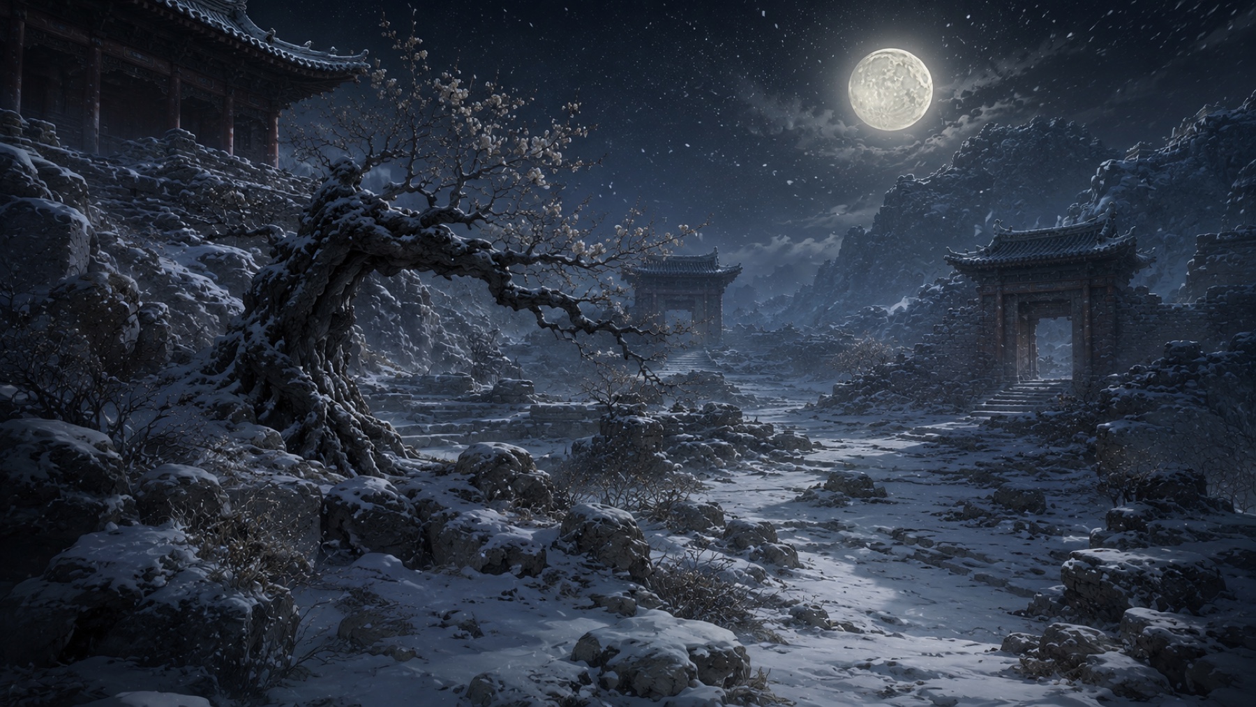蔡文姬踏雪寻梅雪夜场景